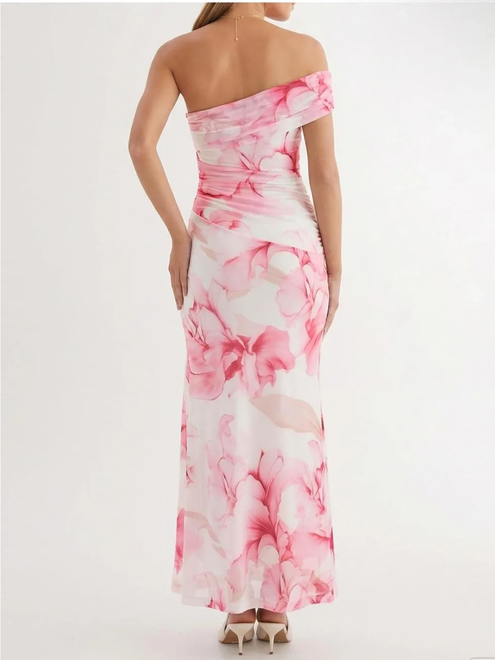 Off-Shoulder Pink Mesh Floral Column Dress. Size Medium. NWT